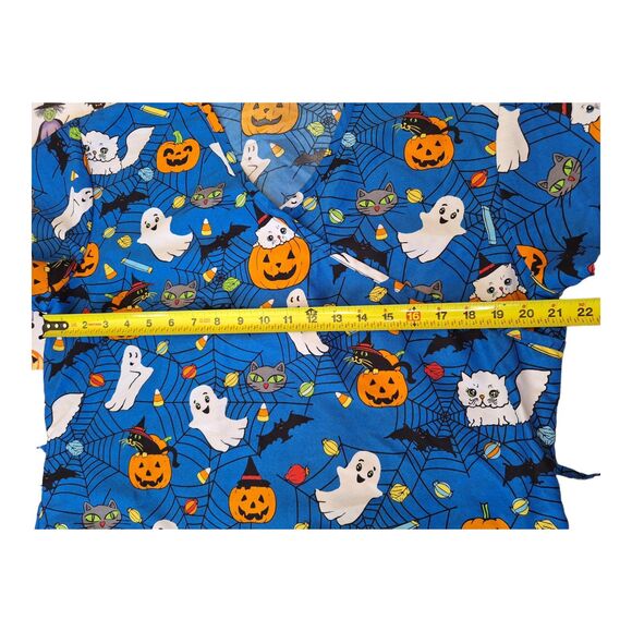 Halloween Scrub Top faux wrap tie back kittens jack o lanterns ghosts size Large - Picture 6 of 6